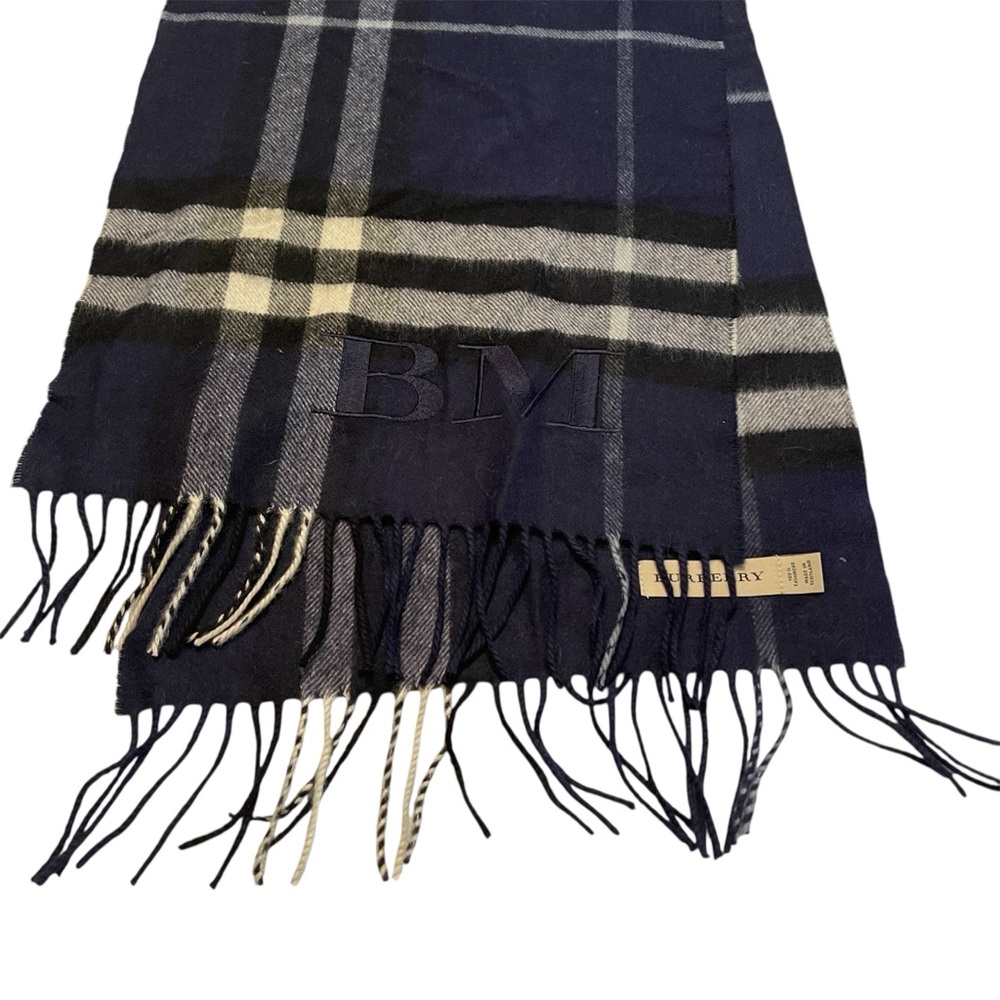 Burberry Scarf 100% Cashmere Navy Check Plaid 168x30cm Made in Scotland